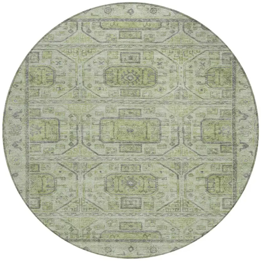 8' Artichoke Green And Gray Round Geometric Washable Indoor Outdoor Area Rug Photo 3