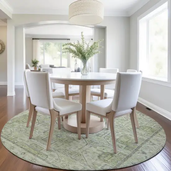 8' Artichoke Green And Gray Round Geometric Washable Indoor Outdoor Area Rug Photo 6