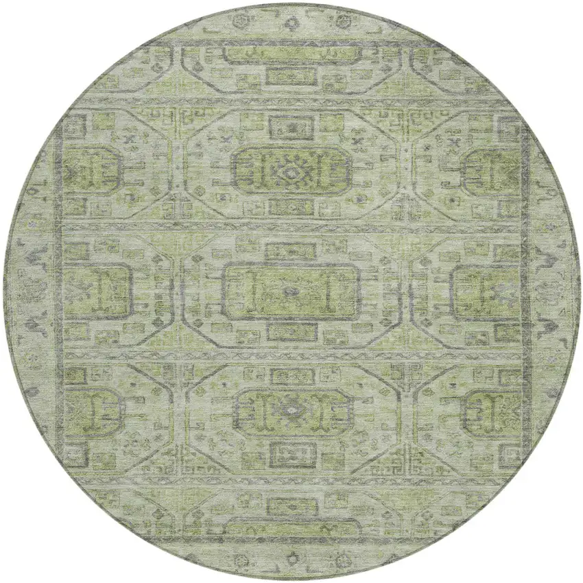 8' Artichoke Green And Gray Round Geometric Washable Indoor Outdoor Area Rug Photo 1