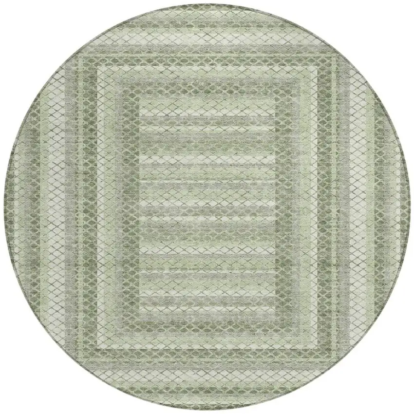 8' Artichoke Green And Gray Round Geometric Washable Indoor Outdoor Area Rug Photo 3