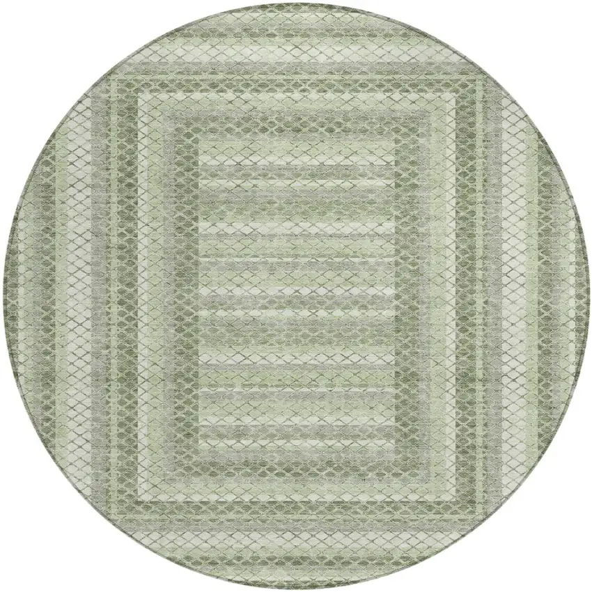 8' Artichoke Green And Gray Round Geometric Washable Indoor Outdoor Area Rug Photo 1