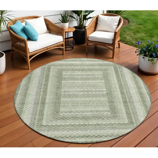 8' Artichoke Green And Gray Round Geometric Washable Indoor Outdoor Area Rug Photo 2