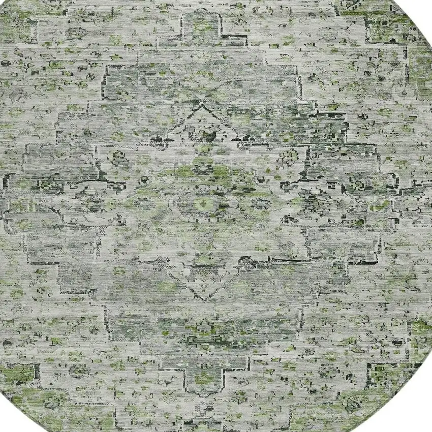 8' Artichoke Green And Gray Round Medallion Washable Indoor Outdoor Area Rug Photo 4