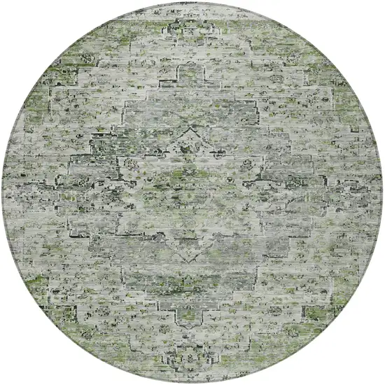 8' Artichoke Green And Gray Round Medallion Washable Indoor Outdoor Area Rug Photo 3