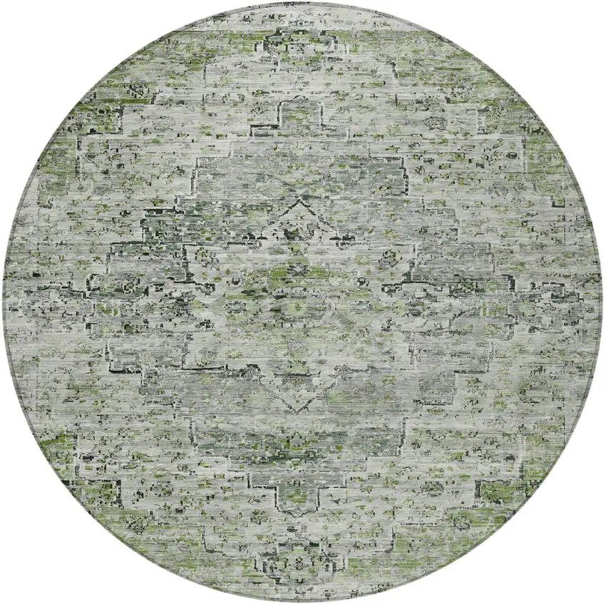 8' Artichoke Green And Gray Round Medallion Washable Indoor Outdoor Area Rug Photo 3