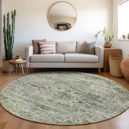8' Artichoke Green And Gray Round Medallion Washable Indoor Outdoor Area Rug Photo 6