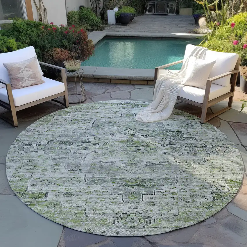 8' Artichoke Green And Gray Round Medallion Washable Indoor Outdoor Area Rug Photo 5