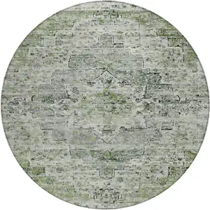 Photo of 8' Artichoke Green And Gray Round Medallion Washable Indoor Outdoor Area Rug