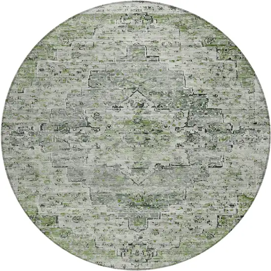 8' Artichoke Green And Gray Round Medallion Washable Indoor Outdoor Area Rug Photo 1