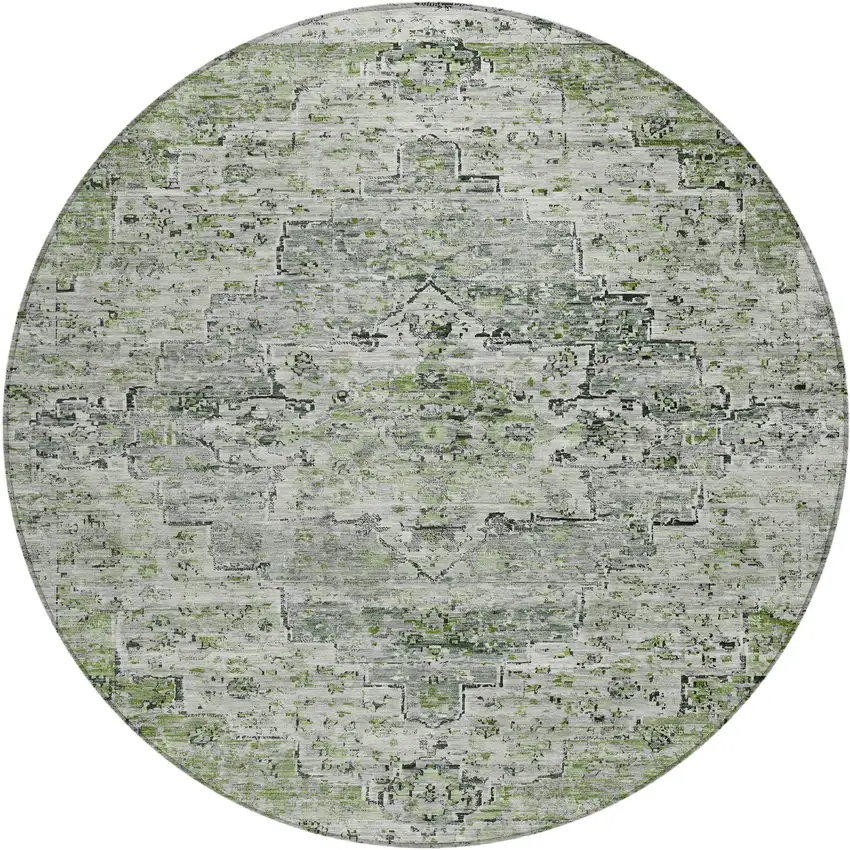 8' Artichoke Green And Gray Round Medallion Washable Indoor Outdoor Area Rug Photo 1