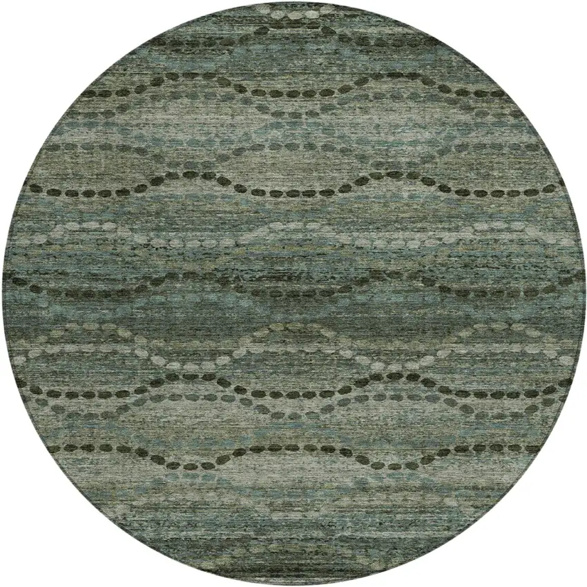 8' Artichoke Green And Gray Round Ogee Washable Indoor Outdoor Area Rug Photo 1