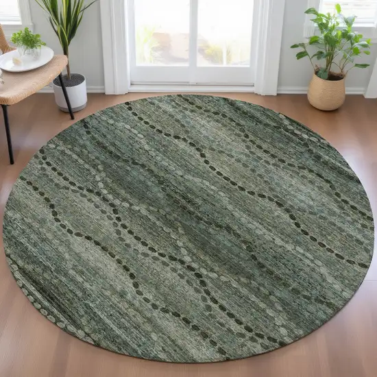 8' Artichoke Green And Gray Round Ogee Washable Indoor Outdoor Area Rug Photo 5