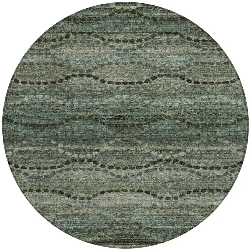 8' Artichoke Green And Gray Round Ogee Washable Indoor Outdoor Area Rug Photo 3