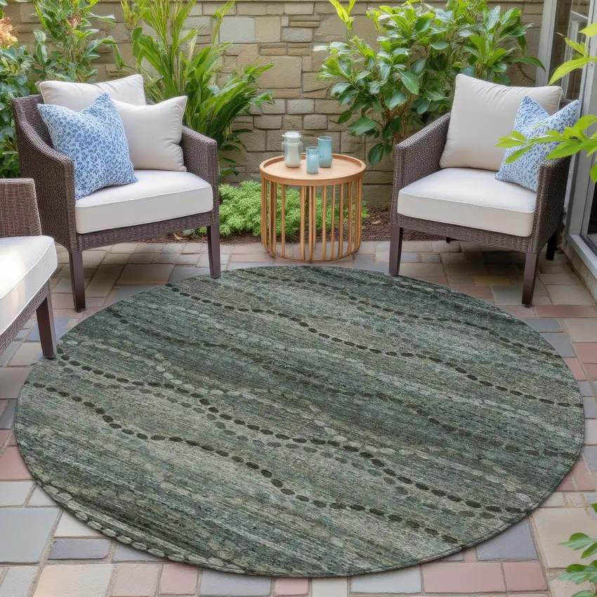 8' Artichoke Green And Gray Round Ogee Washable Indoor Outdoor Area Rug Photo 6