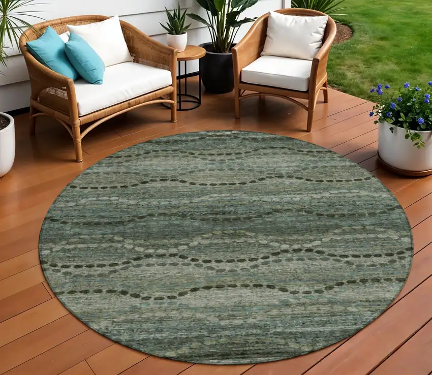 8' Artichoke Green And Gray Round Ogee Washable Indoor Outdoor Area Rug Photo 2