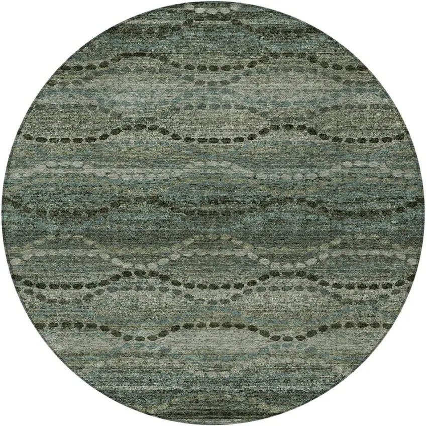 8' Artichoke Green And Gray Round Ogee Washable Indoor Outdoor Area Rug Photo 4