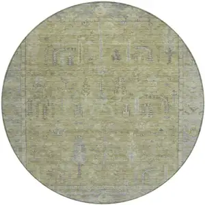 Photo of 8' Artichoke Green And Gray Round Oriental Washable Indoor Outdoor Area Rug