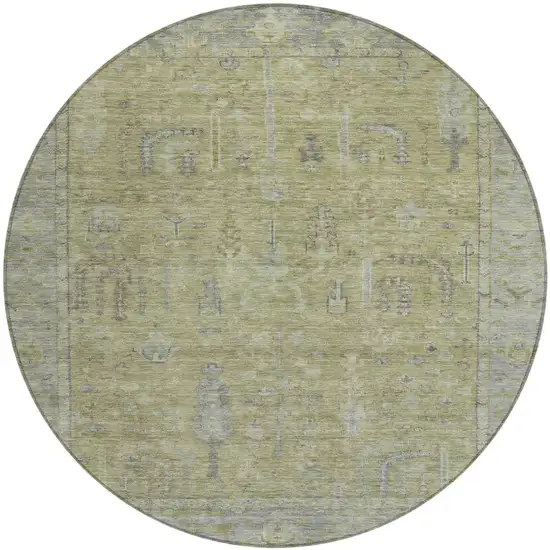 8' Artichoke Green And Gray Round Oriental Washable Indoor Outdoor Area Rug Photo 2