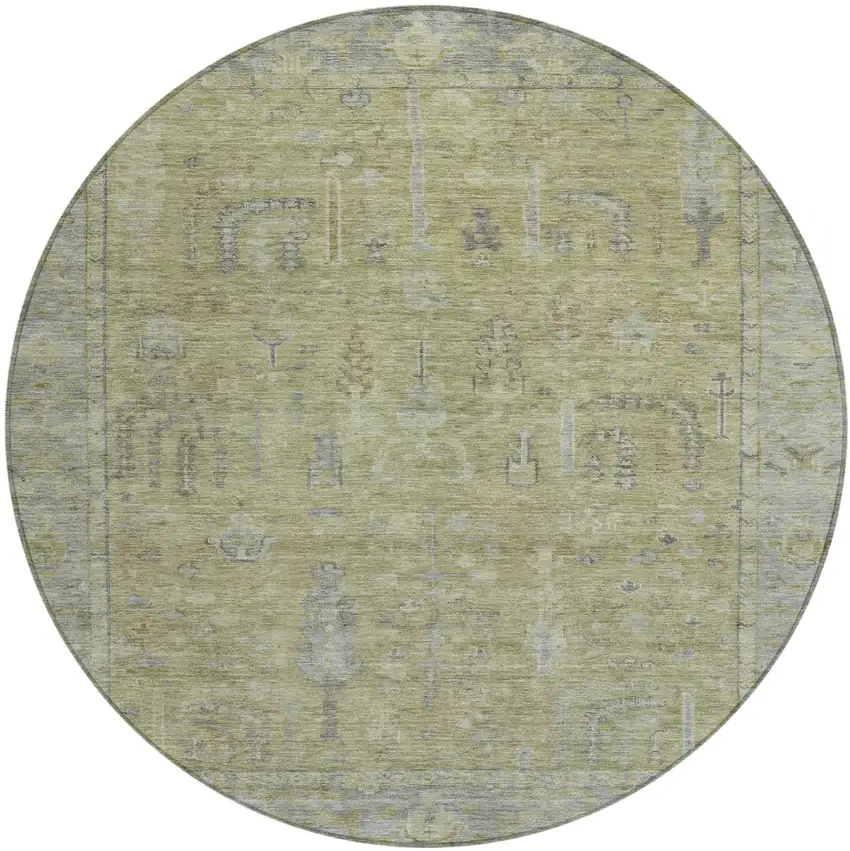 8' Artichoke Green And Gray Round Oriental Washable Indoor Outdoor Area Rug Photo 2