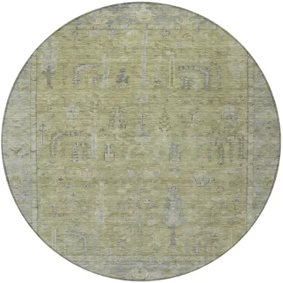 8' Artichoke Green And Gray Round Oriental Washable Indoor Outdoor Area Rug Photo 5
