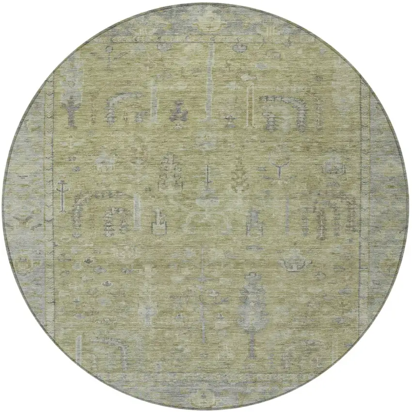 8' Artichoke Green And Gray Round Oriental Washable Indoor Outdoor Area Rug Photo 5
