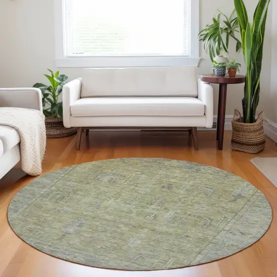 8' Artichoke Green And Gray Round Oriental Washable Indoor Outdoor Area Rug Photo 7