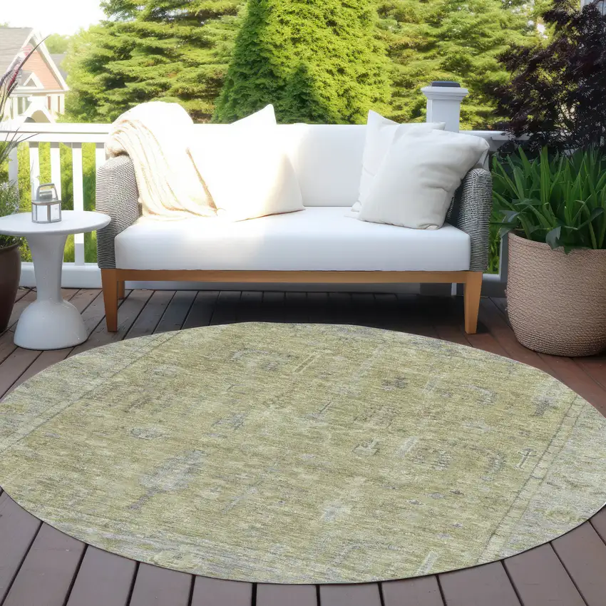 8' Artichoke Green And Gray Round Oriental Washable Indoor Outdoor Area Rug Photo 6