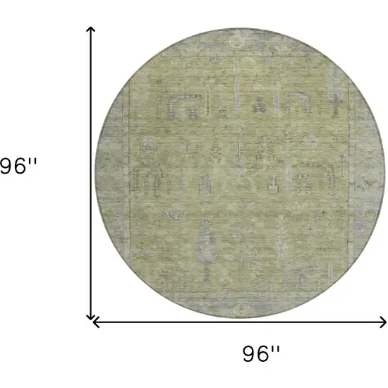 8' Artichoke Green And Gray Round Oriental Washable Indoor Outdoor Area Rug Photo 8