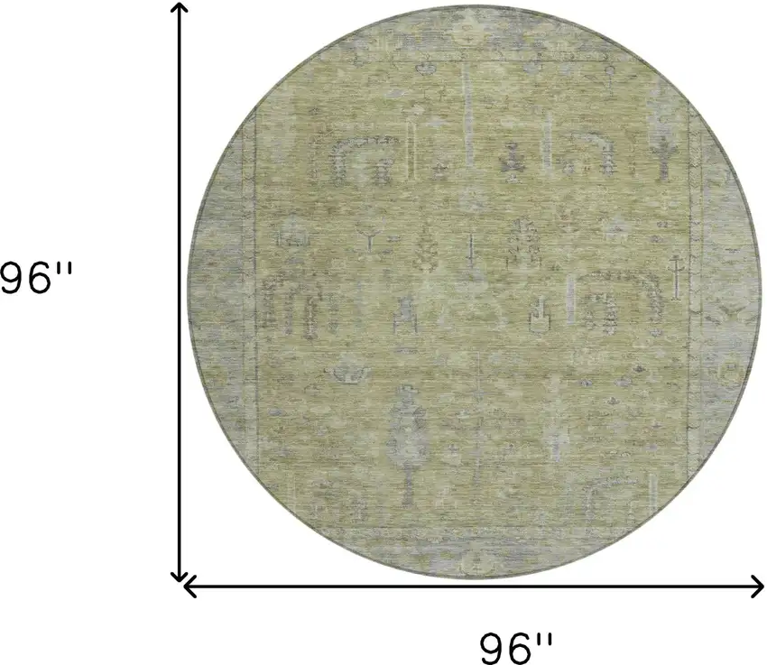 8' Artichoke Green And Gray Round Oriental Washable Indoor Outdoor Area Rug Photo 8