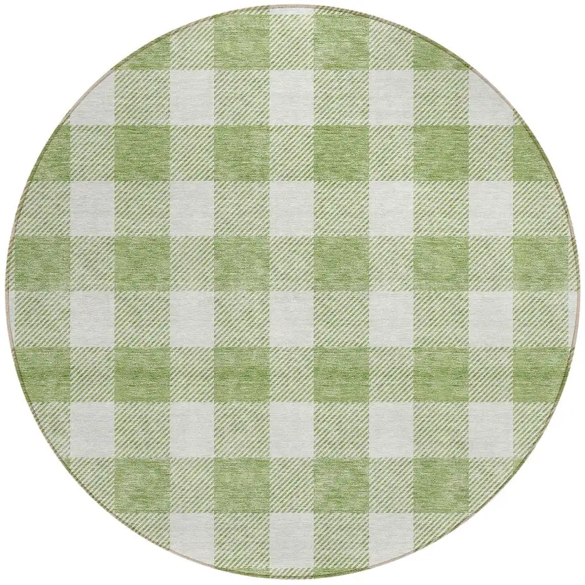 8' Artichoke Green And Gray Round Plaid Washable Indoor Outdoor Area Rug Photo 5