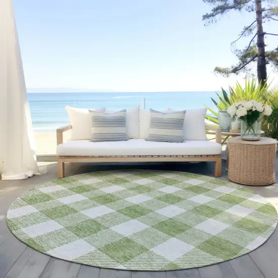 8' Artichoke Green And Gray Round Plaid Washable Indoor Outdoor Area Rug Photo 6