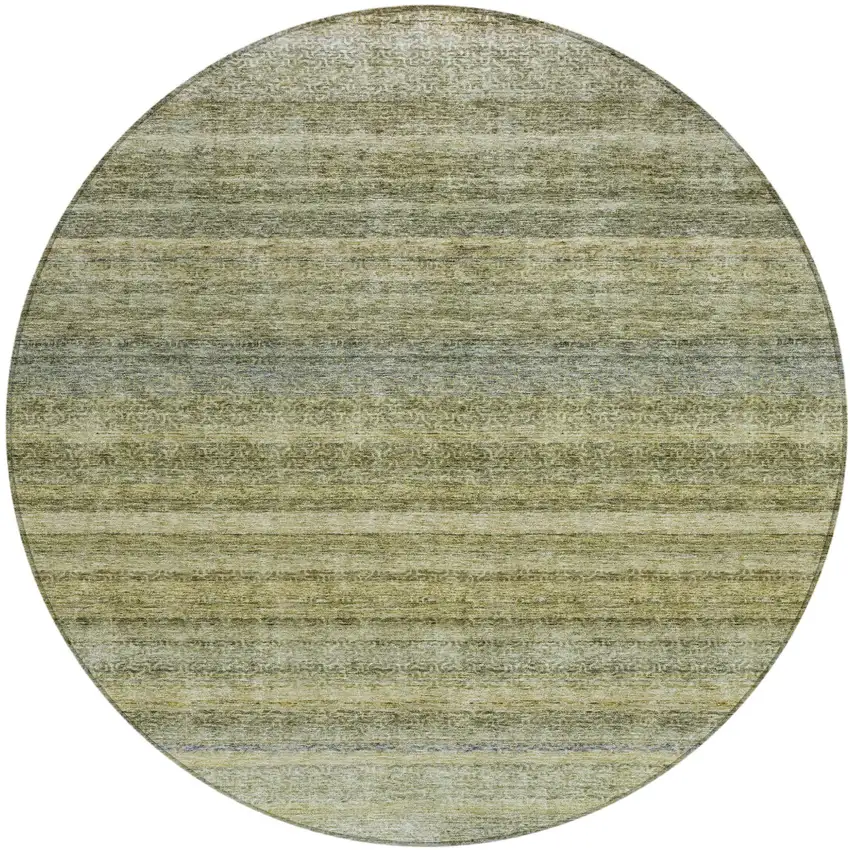 8' Artichoke Green And Gray Round Striped Washable Indoor Outdoor Area Rug Photo 2