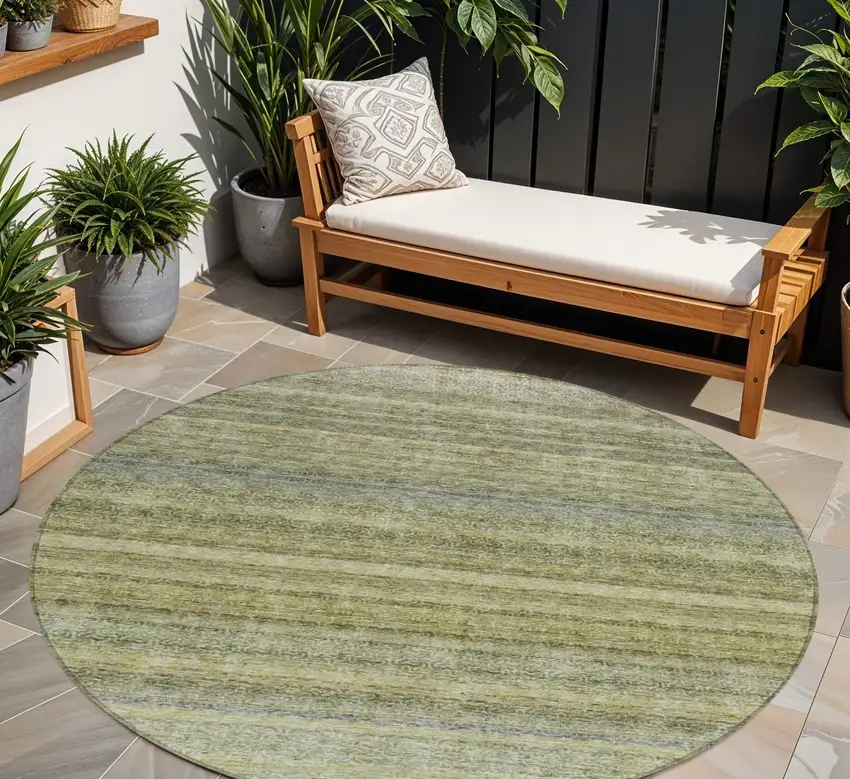 8' Artichoke Green And Gray Round Striped Washable Indoor Outdoor Area Rug Photo 1