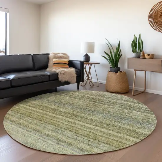 8' Artichoke Green And Gray Round Striped Washable Indoor Outdoor Area Rug Photo 7