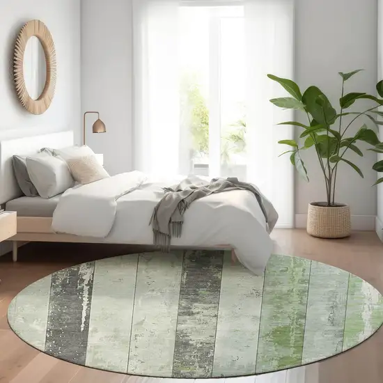 8' Artichoke Green And Gray Round Striped Washable Indoor Outdoor Area Rug Photo 6