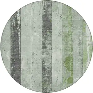 Photo of 8' Artichoke Green And Gray Round Striped Washable Indoor Outdoor Area Rug