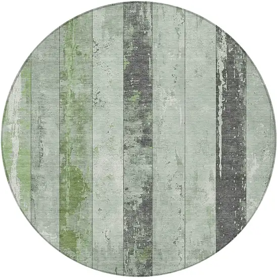 8' Artichoke Green And Gray Round Striped Washable Indoor Outdoor Area Rug Photo 3
