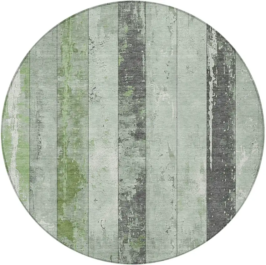8' Artichoke Green And Gray Round Striped Washable Indoor Outdoor Area Rug Photo 3