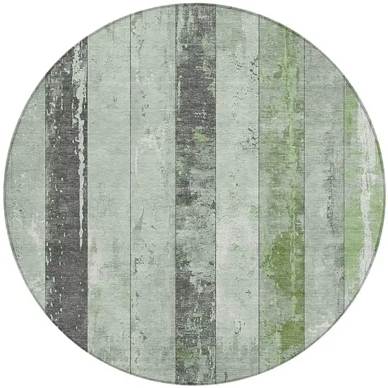 8' Artichoke Green And Gray Round Striped Washable Indoor Outdoor Area Rug Photo 4