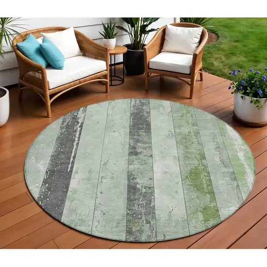 8' Artichoke Green And Gray Round Striped Washable Indoor Outdoor Area Rug Photo 2