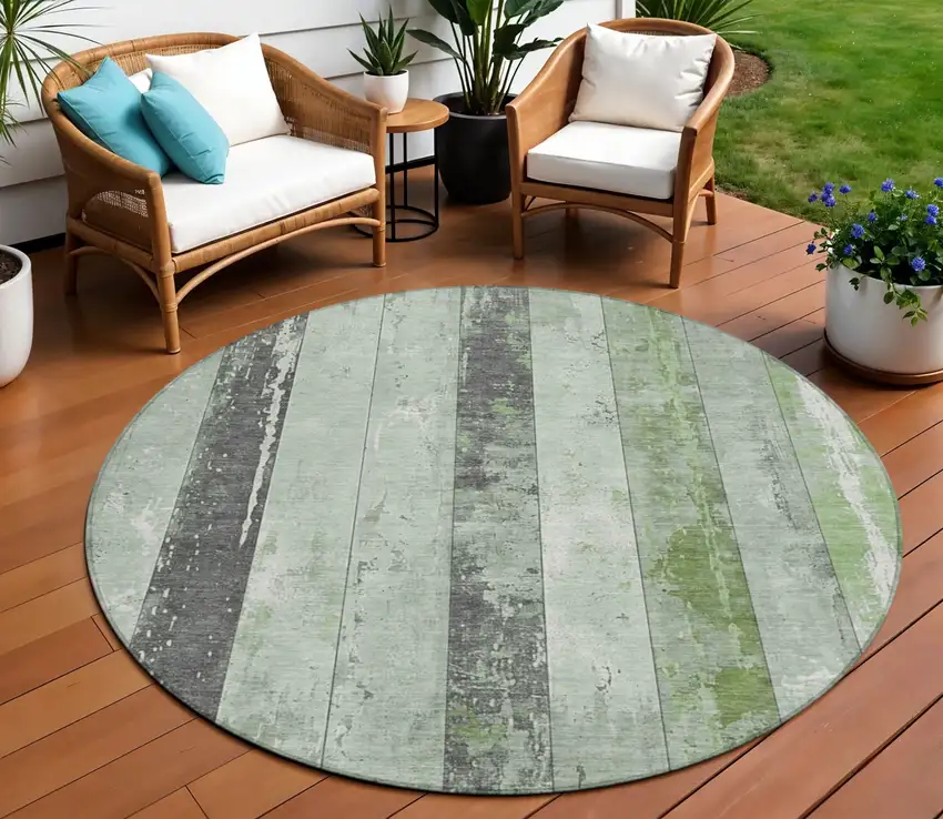 8' Artichoke Green And Gray Round Striped Washable Indoor Outdoor Area Rug Photo 2