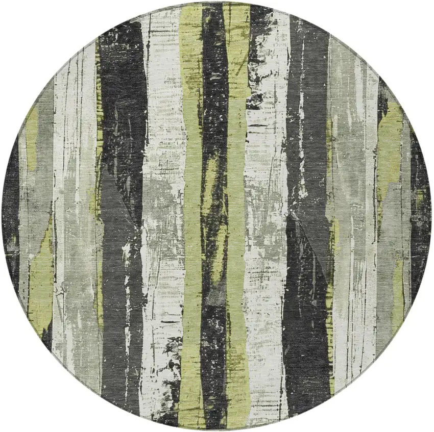 8' Artichoke Green And Gray Round Striped Washable Indoor Outdoor Area Rug Photo 3
