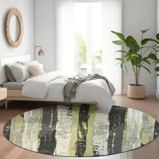 8' Artichoke Green And Gray Round Striped Washable Indoor Outdoor Area Rug Photo 6