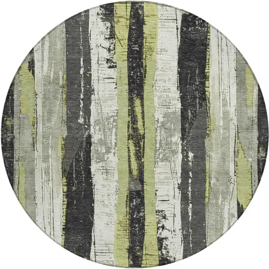 8' Artichoke Green And Gray Round Striped Washable Indoor Outdoor Area Rug Photo 1