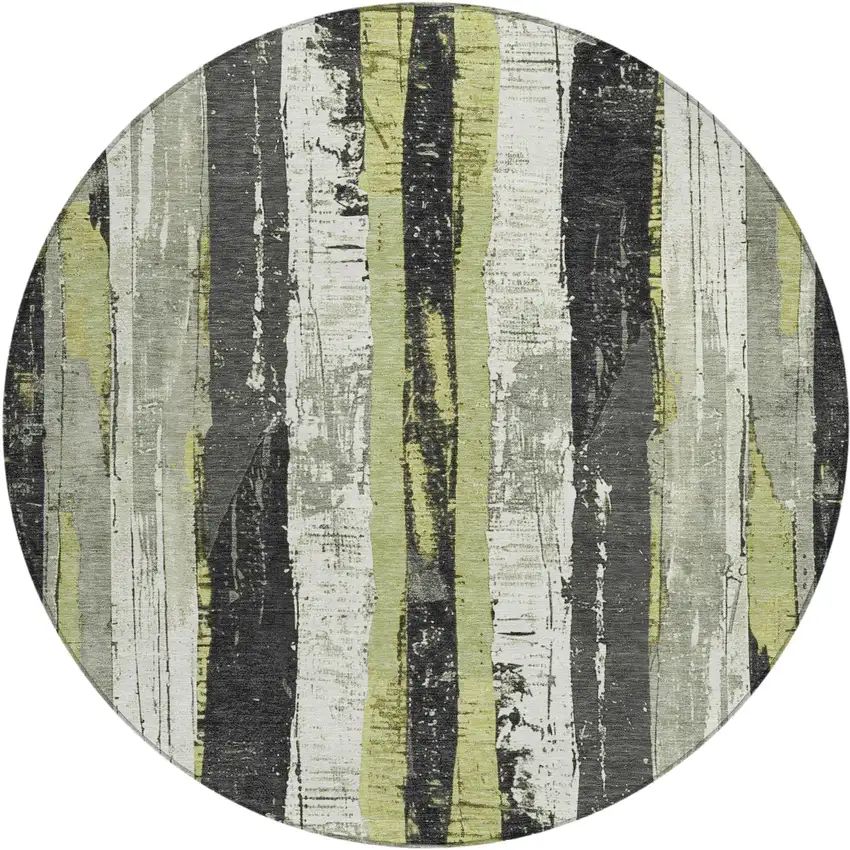 8' Artichoke Green And Gray Round Striped Washable Indoor Outdoor Area Rug Photo 1