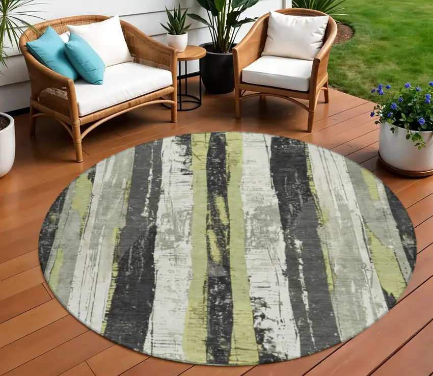 8' Artichoke Green And Gray Round Striped Washable Indoor Outdoor Area Rug Photo 2