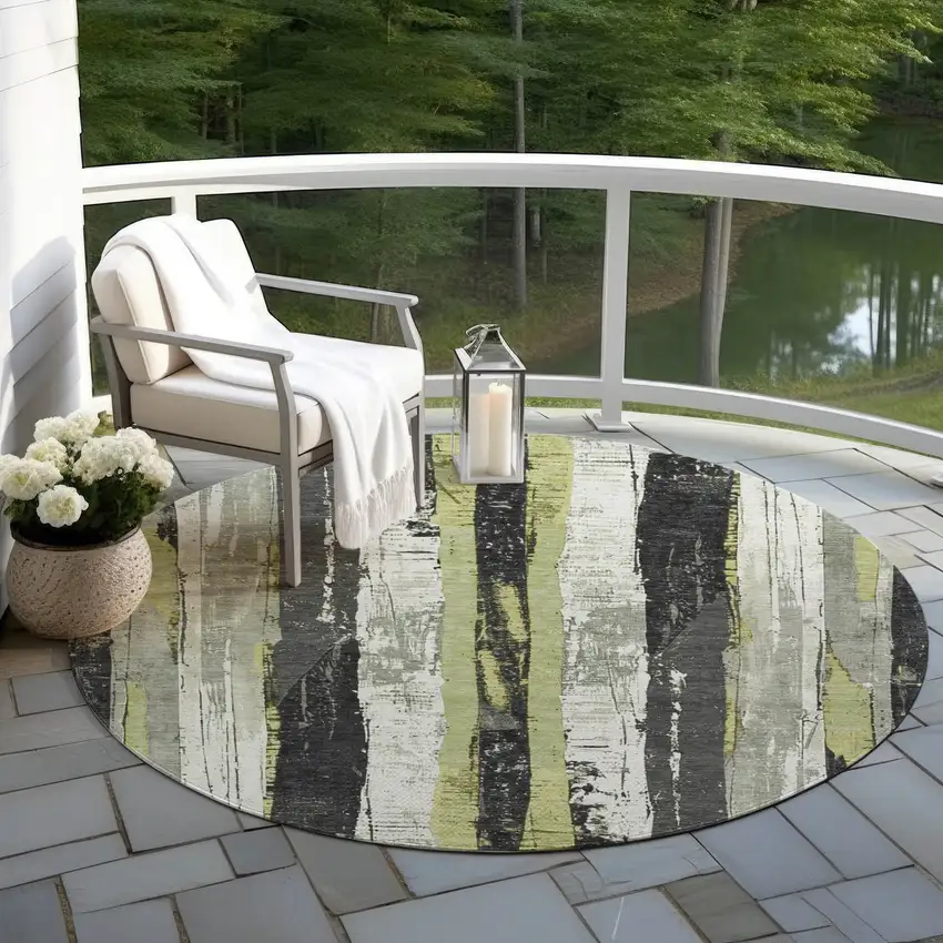 8' Artichoke Green And Gray Round Striped Washable Indoor Outdoor Area Rug Photo 5