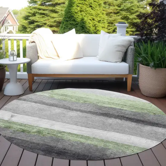 8' Artichoke Green And Gray Round Striped Washable Indoor Outdoor Area Rug Photo 5
