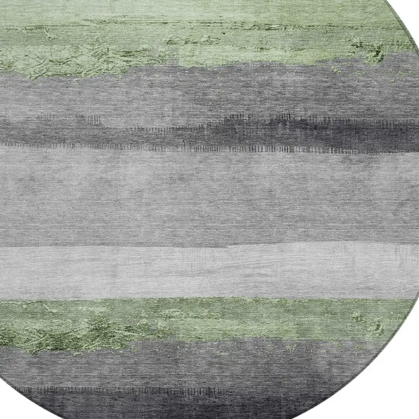 8' Artichoke Green And Gray Round Striped Washable Indoor Outdoor Area Rug Photo 8