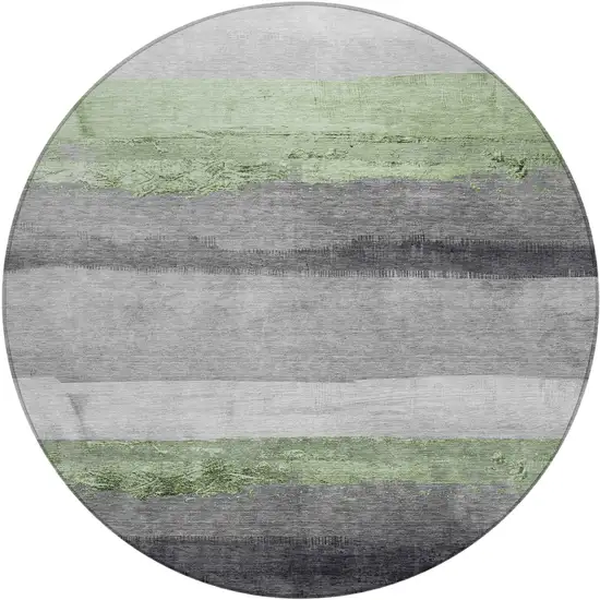 8' Artichoke Green And Gray Round Striped Washable Indoor Outdoor Area Rug Photo 1